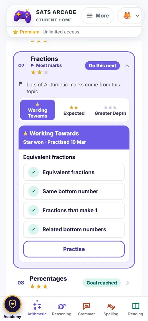 The Fractions topic at Working Towards, listing its practice steps and a Practise button