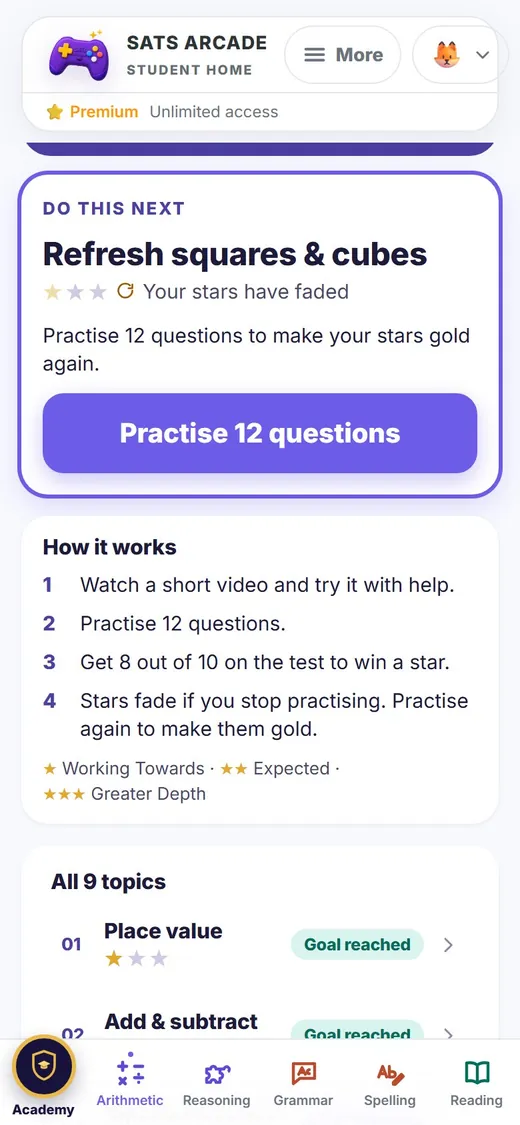 A Do this next card: Refresh squares and cubes, your stars have faded, practise 12 questions to make them gold again