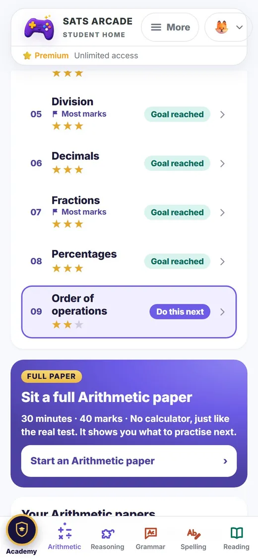 Arithmetic topics with gold stars and Goal reached